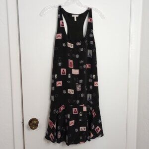 Joie Arianna Black Silk Travel Stamp Racerback Flounce Hem Dress